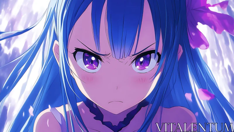 Intense blue haired anime girl with violet eyes and petals