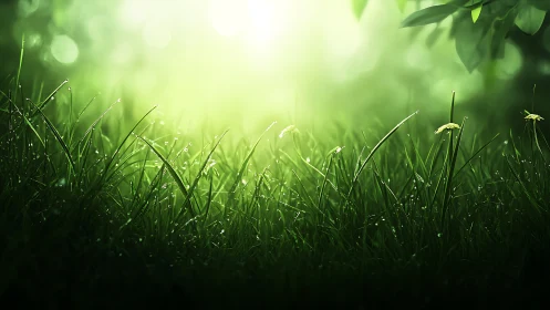 Sunlit morning grass with dew in dreamy soft focus style.
