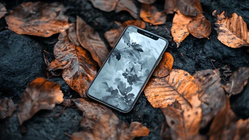 Smartphone with monochrome leaves amid rich autumn ground.
