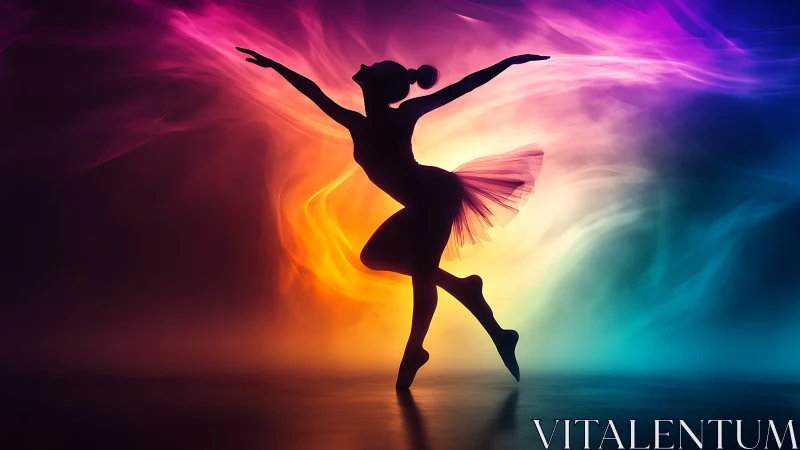 Digital painting of ballet silhouette in prismatic motion field.