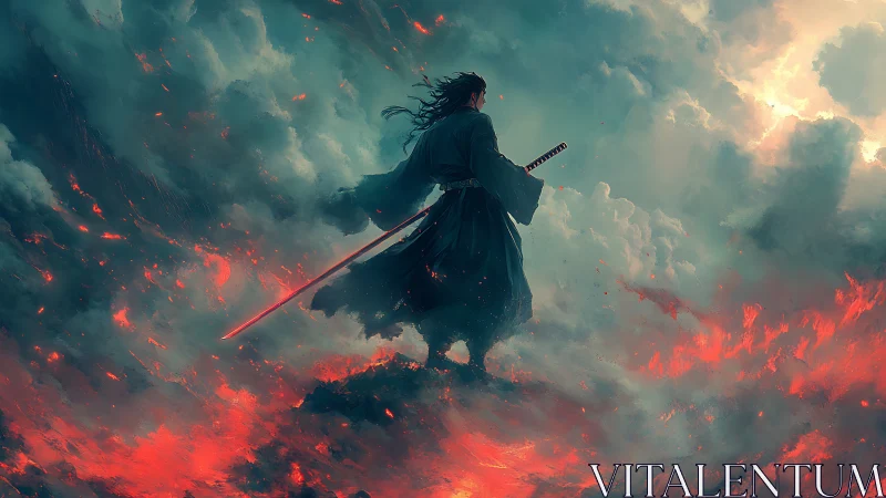 Lone samurai surveys burning clouds in ethereal storm.