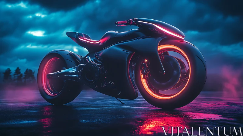 Neon-lit cyber bike under stormy sky on wet asphalt surface.