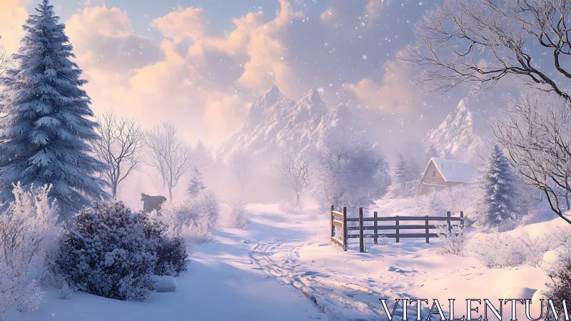 Digital painting of tranquil winter path and distant cabin.