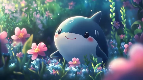 Smiling baby shark resting in a dreamy glowing flower meadow.
