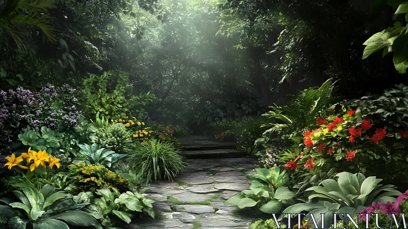 Shaded stone garden path with dense flowering foliage and bokeh light