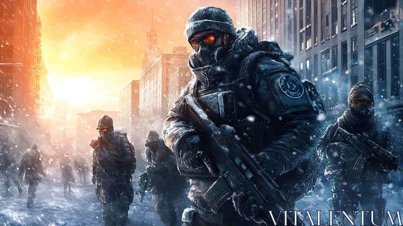 Paramilitary squad in snowy post-collapse city, backlit sunset