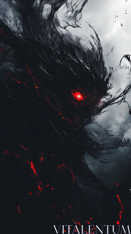 Shadow wraith erupts from storm with burning red gaze.