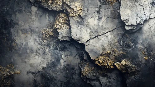 Photorealistic fractured stone wall with metallic patina textures.