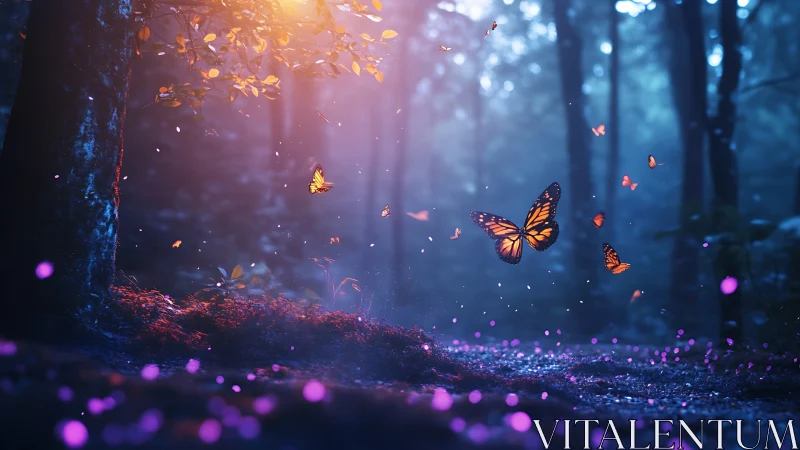 Enchanted forest twilight with golden butterflies in flight.
