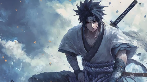 Stormy sky embraces a determined anime swordsman ready