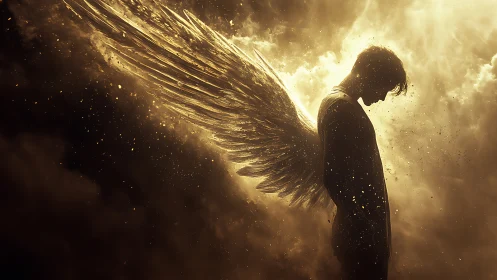 Winged human figure stands in backlit cloud environment