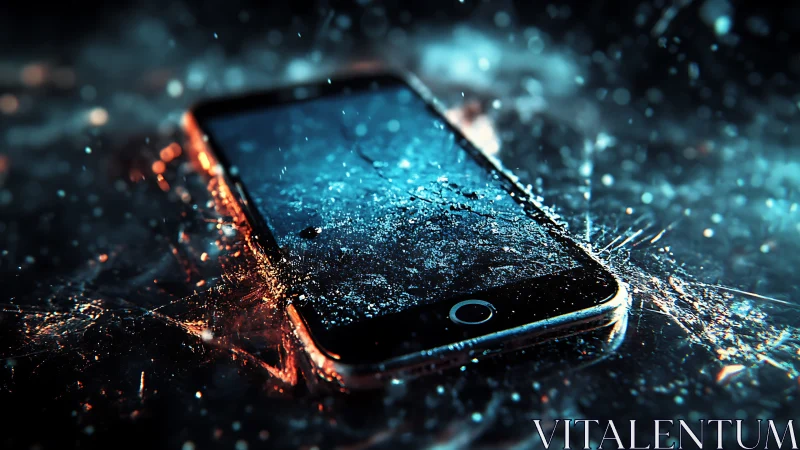 Damaged smartphone lying on wet reflective surface at night.