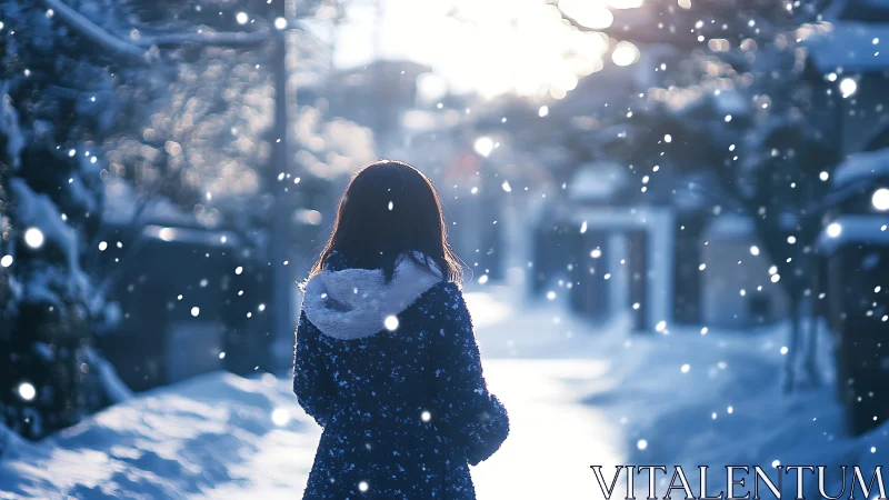 Solitary figure walks through softly falling winter snow.