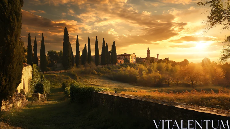 Golden Tuscan hillside village under dramatic sunset light.