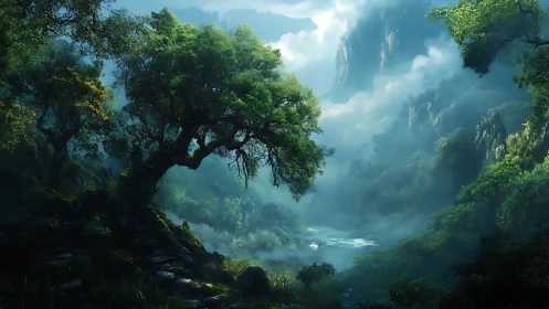 Misty valley landscape with large tree and cascading cliff formations