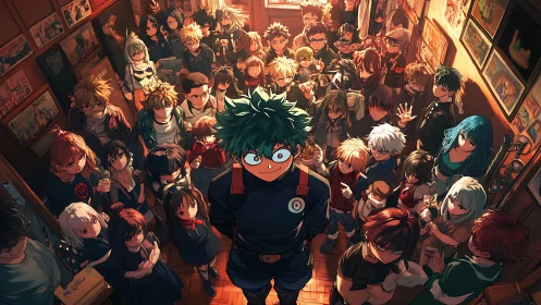 Heroic green-haired dreamer amid glowing anime crowd.