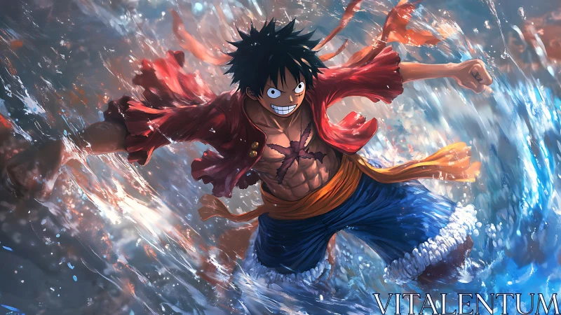 Storm-charged hero leaping through glowing ocean spray.