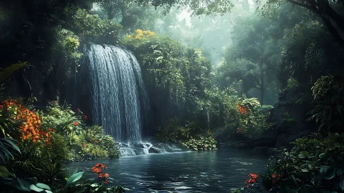 Lush rainforest cascade with misted pool and vibrant flora