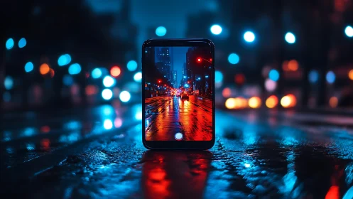 Smartphone on wet city street at night with neon lights.