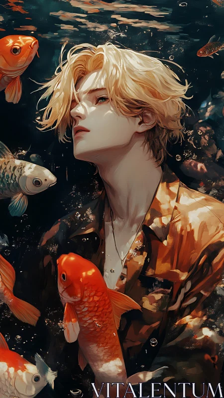 Blond young man underwater surrounded by bright koi fish.