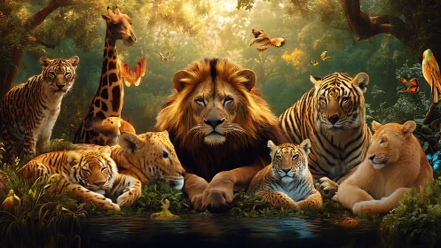 Majestic Wildlife Gathering in Golden Forest Sanctuary.