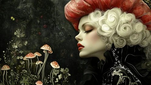 Profile of pale woman with mushrooms and red headdress.
