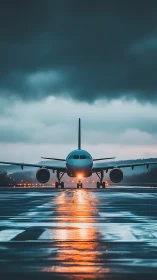 Passenger jet awaits takeoff on a rain-soaked runway at dusk.