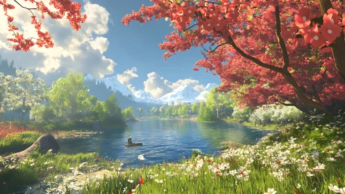 Tranquil mountain lake framed by blossoming spring trees.