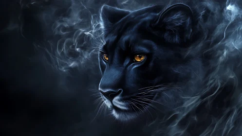 Black panther emerges from luminous mystical smoke and atmospheric haze.