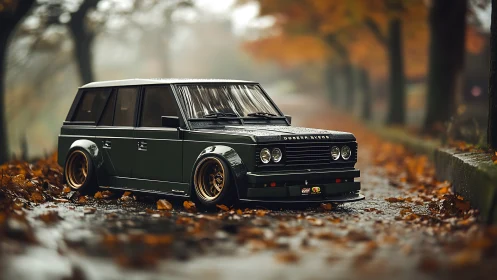 Widebody retro wagon model rendered on wet autumn roadway