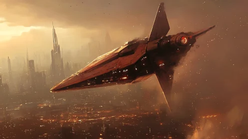 Futuristic attack starfighter over dense sci fi megacity.