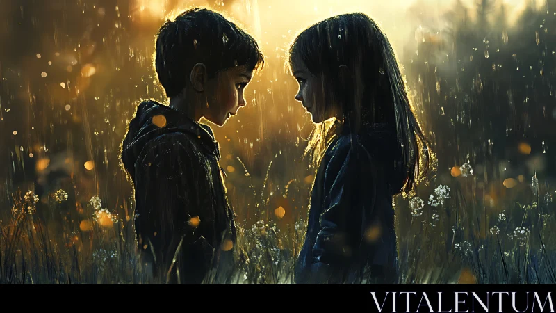 Two adolescent figures positioned face-to-face within volumetric light precipitation and bokeh field
