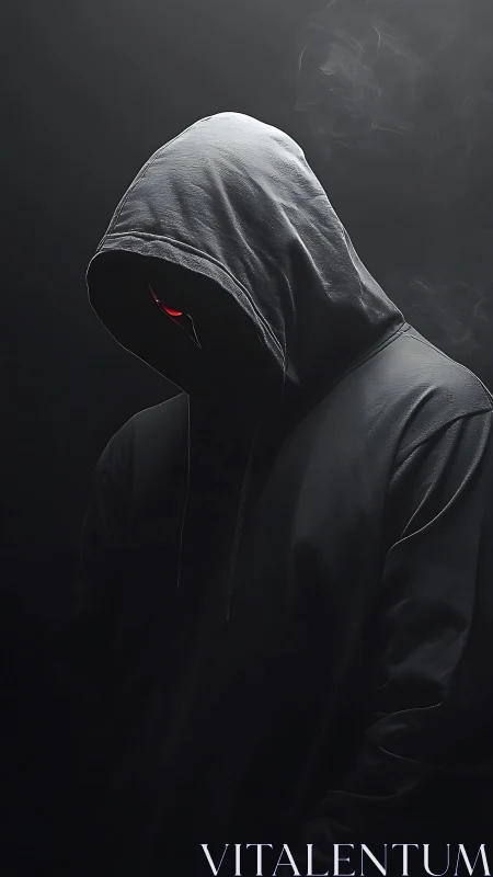 Hooded shadow figure with red eye in dark atmosphere.