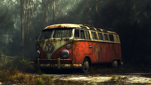 Rusting orange VW bus abandoned in misty forest grove.