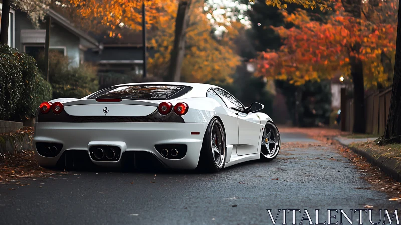 White sports coupe on residential street in autumn setting.