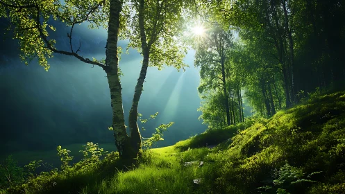 Sunlit Forest Sanctuary: Nature's Peaceful Woodland Retreat.