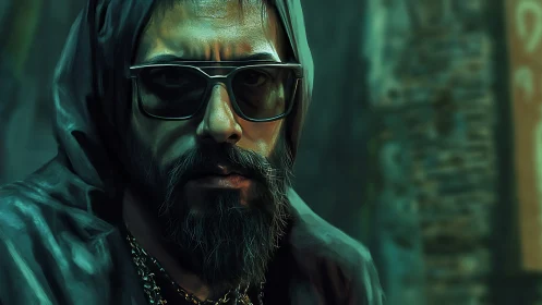 Hooded bearded figure wearing dark sunglasses faces viewer