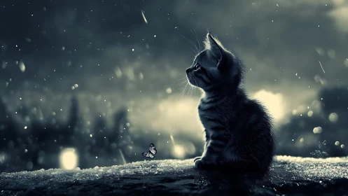 Snowlit kitten watching glowing butterfly in twilight rain.