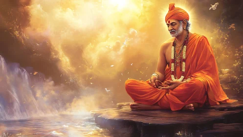 Meditating Hindu sage near waterfall under glowing sky.