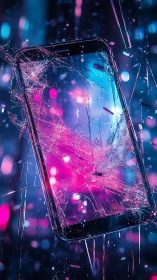 Shattered neon smartphone drifting through electric night.