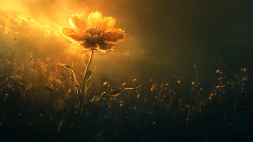 Backlit golden flower emerges from shadowed meadow in glow