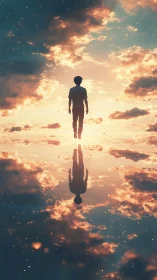 Silhouette walking sky mirror under glowing sunset clouds.