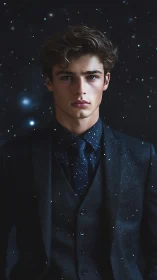 Stellar particulate suit portrait in deep chromatic contrast.