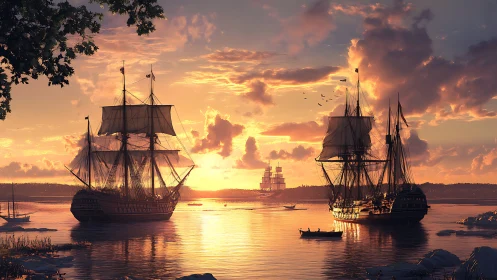 Historic sailing ships anchored in calm sunset harbor scene.
