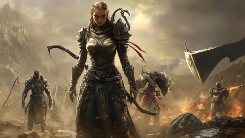 Armored elf commander leads fantasy warriors through firelit war