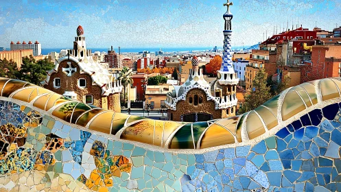Mosaic cityscape of Park Güell with rhythmic architectural curves.