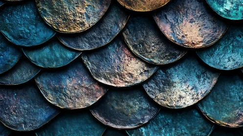 Iridescent metallic scale tiles with overlapping patinated surfaces