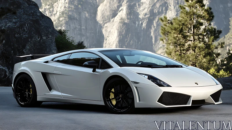 White mid‑engine supercar with angular bodywork in alpine gorge.