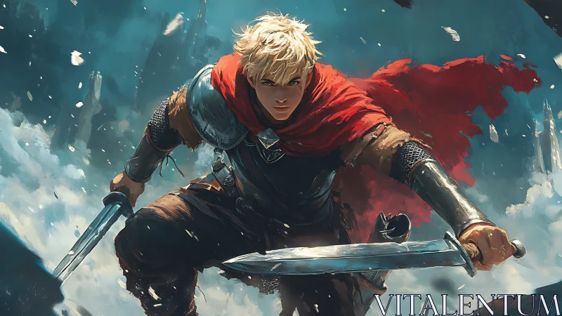 Blond warrior in red cloak charging with dual swords.