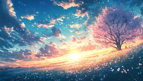 Sunset gradient sky illuminates cherry tree and flowered meadow